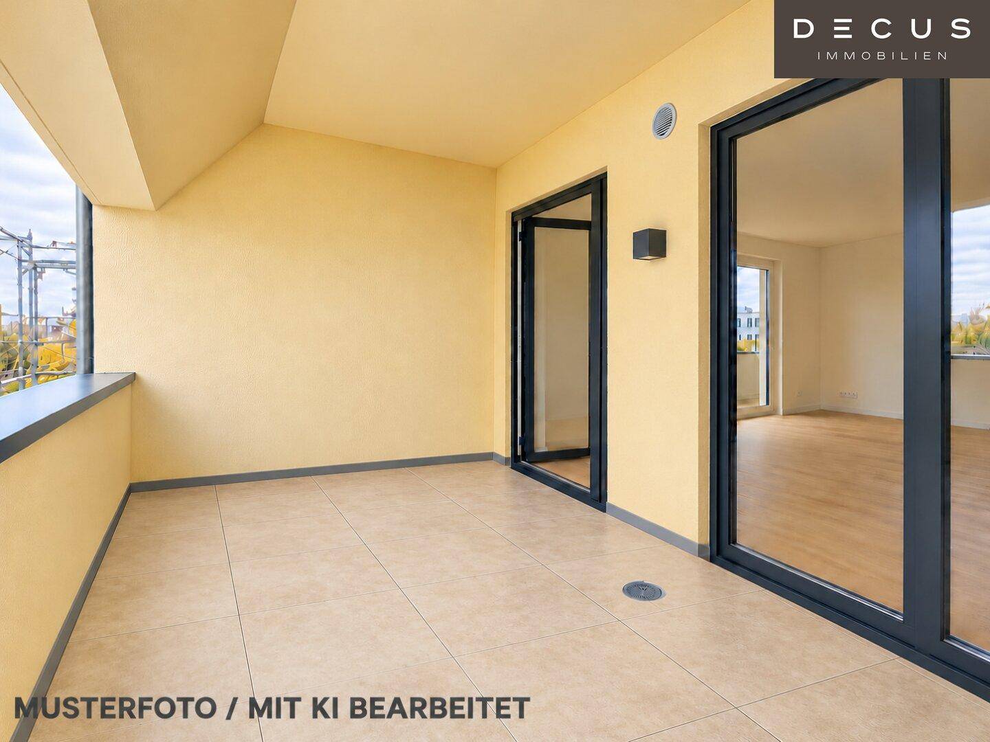 Geräumiger Balkon mit Fliesenboden und Blick auf die Umgebung, ideal für Entspannung im Freien.