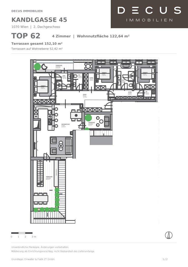 Grundriss der Dachgeschosswohnung mit 4 Zimmern, 122,64 m² Wohnfläche und großer Terrasse.