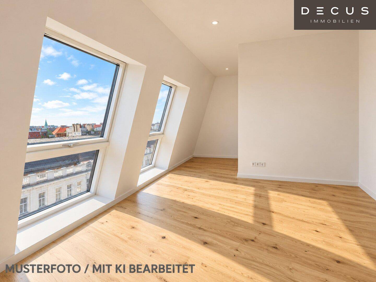Helles Zimmer im Dachgeschoss mit Holzboden und schrägen Dachfenstern mit Stadtblick.