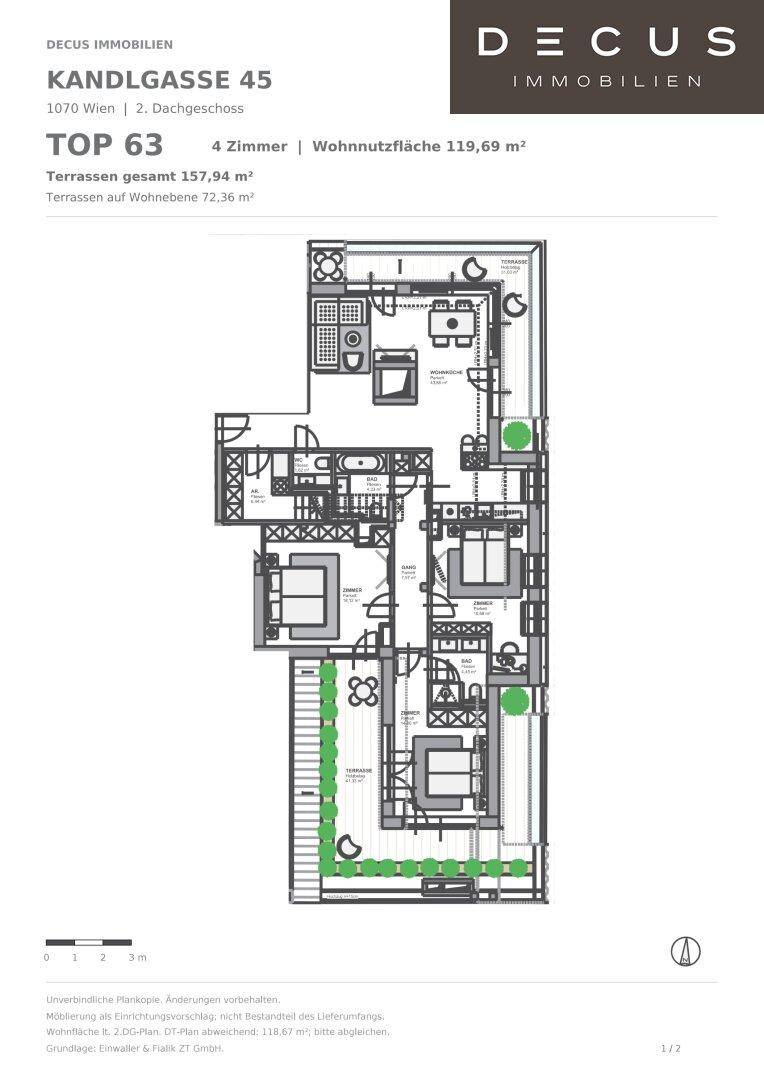 Grundriss der unteren Ebene mit drei Schlafzimmern, Bädern und Terrassenzugang.
