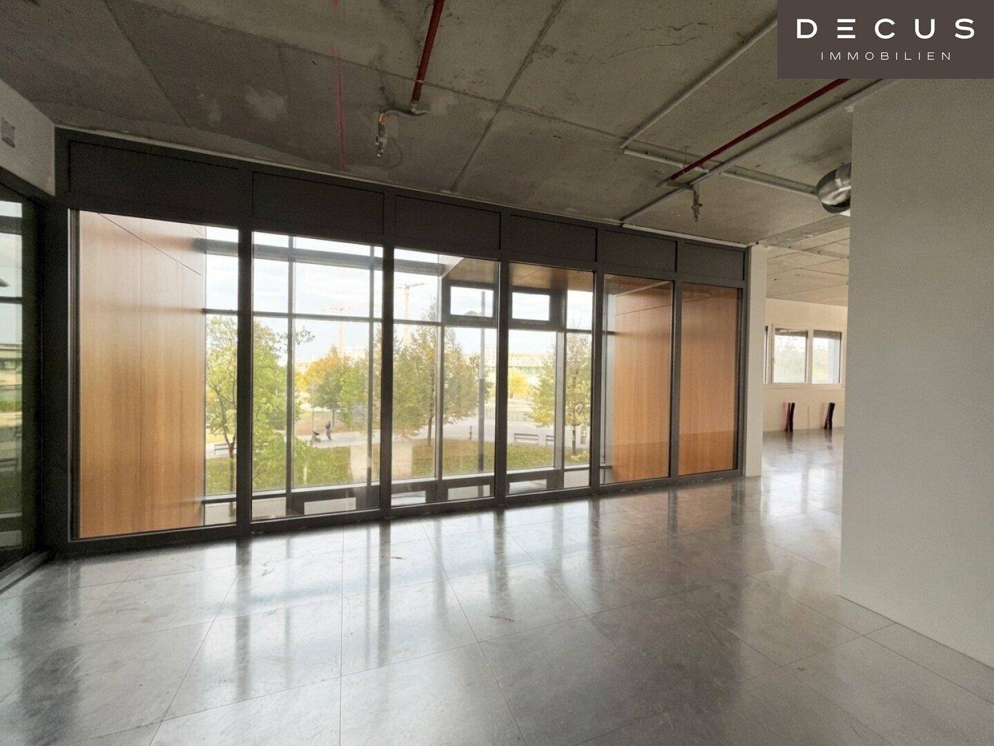 Großer, leerer Raum mit hohen Fenstern, Blick ins Grüne und sichtbaren Installationen an der Decke.