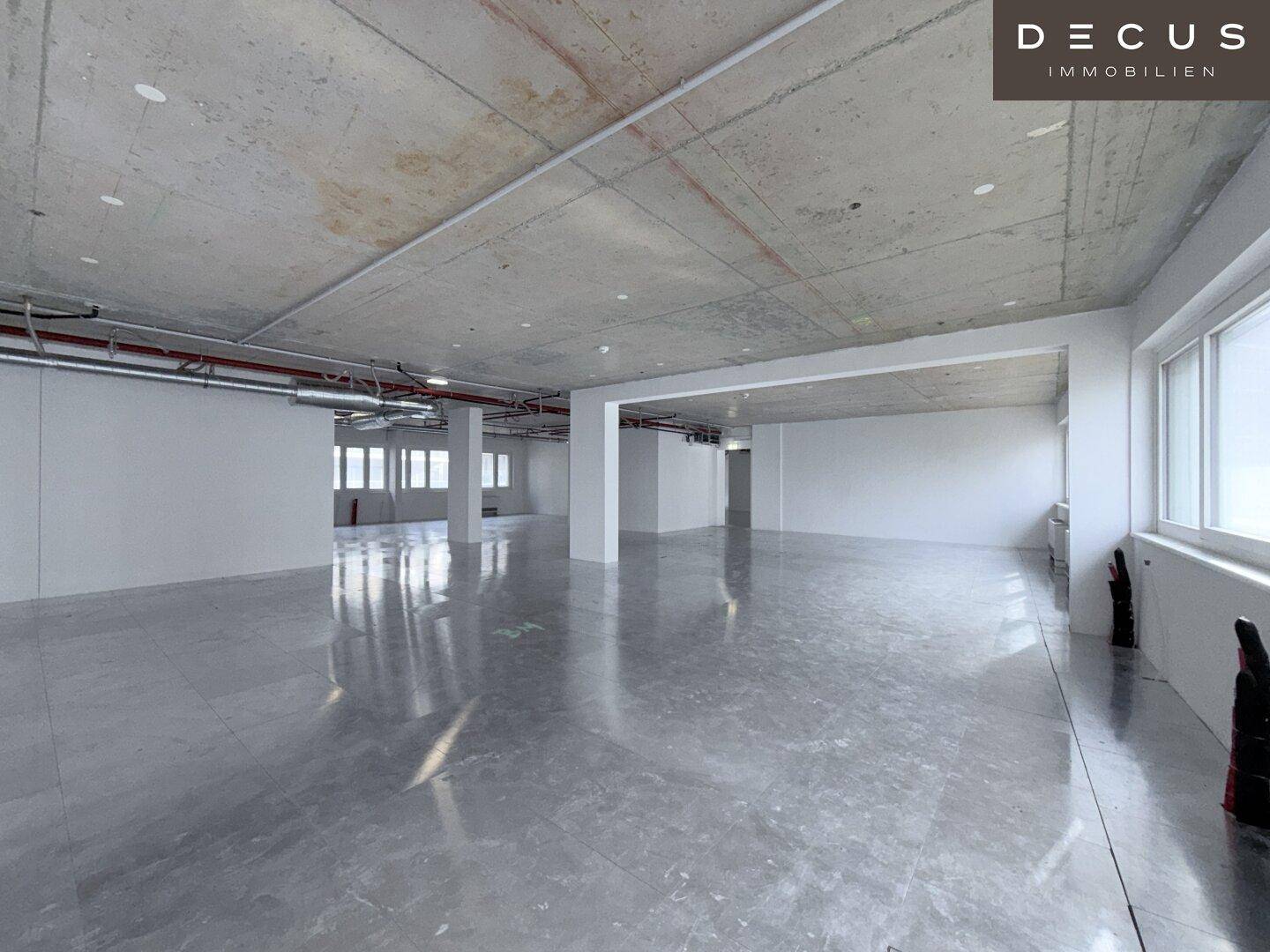 Weitläufiger Büroraum mit Betonoptik an der Decke und großen Fenstern, die viel Licht hereinlassen.