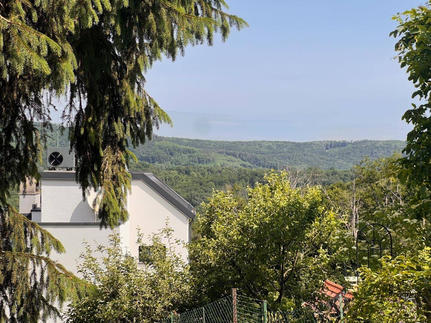 Malerischer Fernblick über bewaldete Hügel und grüne Landschaft, der eine ruhige und idyllische Umgebung bietet.
