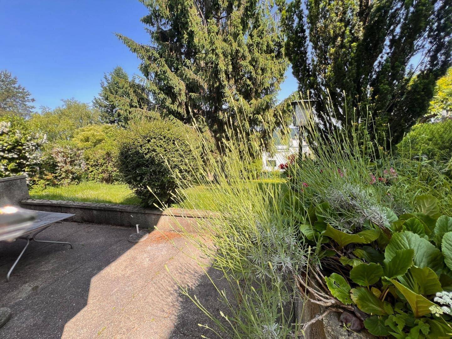 Gepflegter Gartenbereich mit üppiger Bepflanzung und einer kleinen Terrasse, perfekt zum Entspannen im Freien.