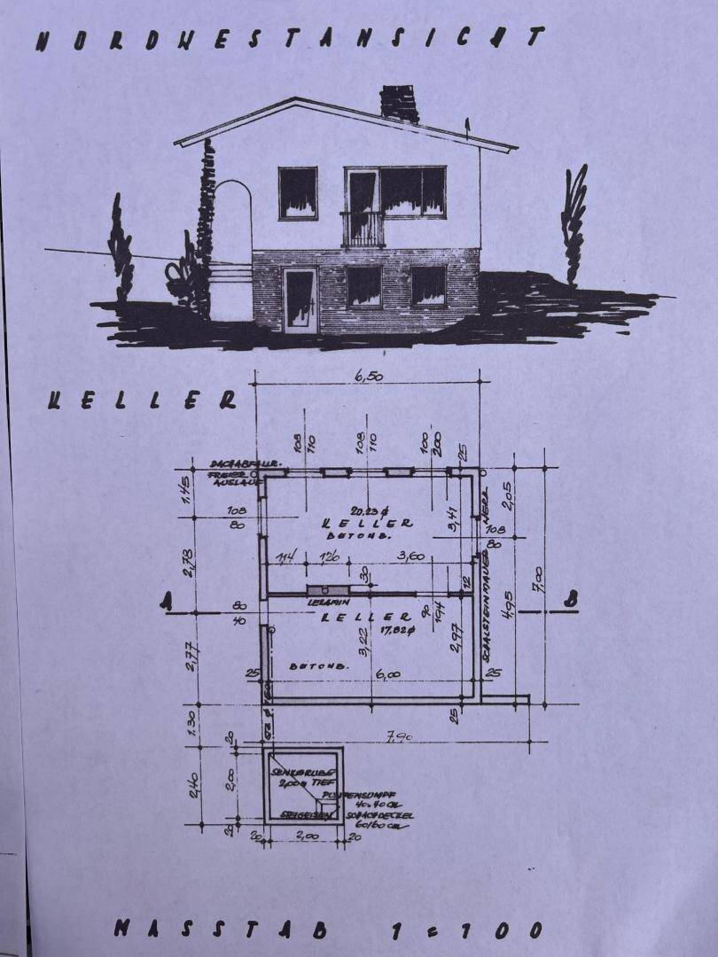 Grundriss des Kellers mit Maßangaben und Raumaufteilung, zeigt die Struktur des Untergeschosses.