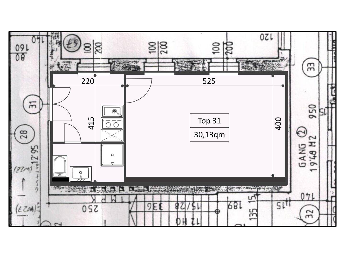 Grundriss des Apartments mit Maßen und Aufteilung der Räume.