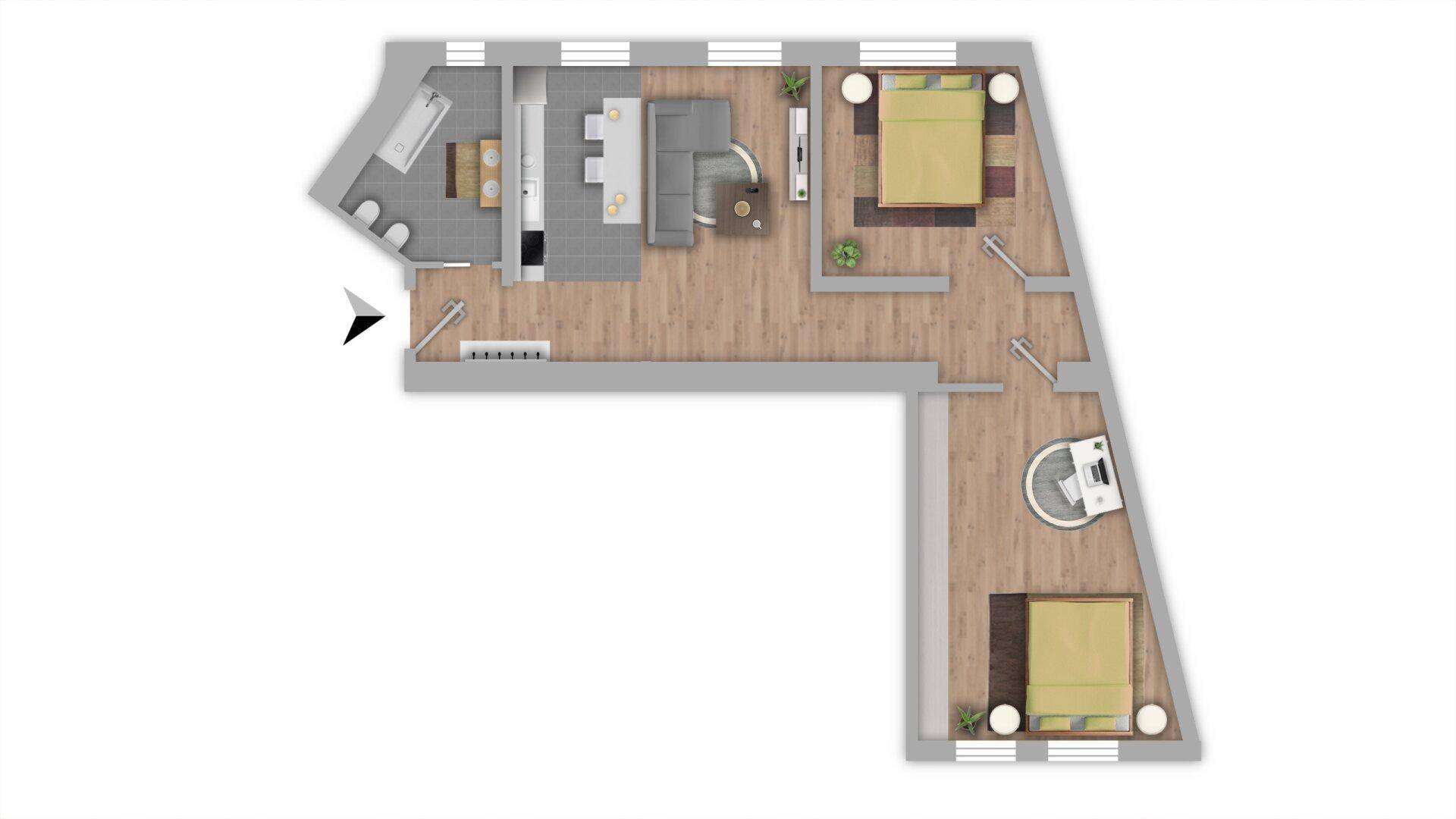Detaillierter Grundriss der Wohnung mit zwei Schlafzimmern und offenem Wohnbereich.