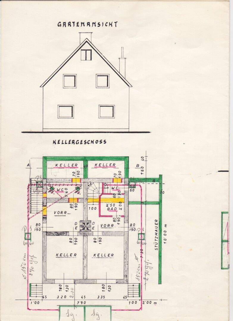 Gartenansicht und Grundriss des Kellergeschosses mit verschiedenen Kellerräumen.