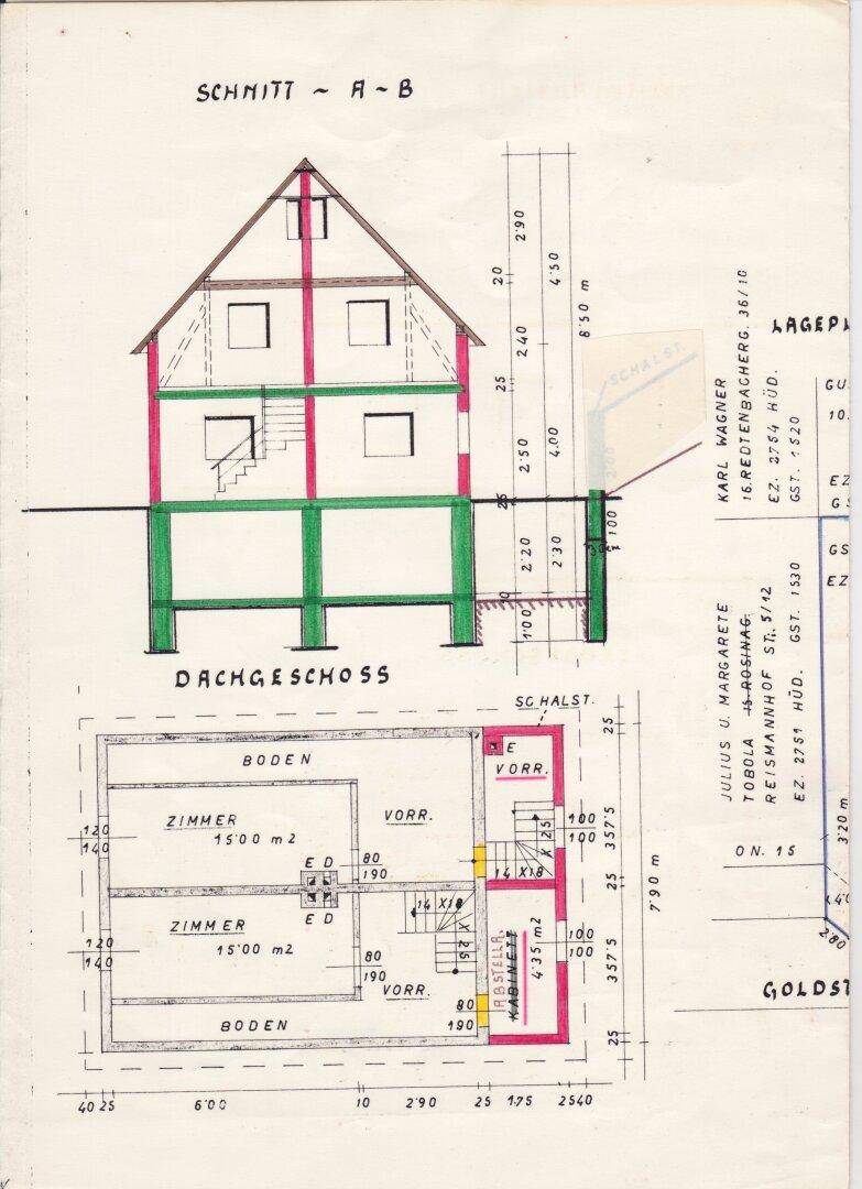 Schnittansicht und Grundriss des Dachgeschosses mit Zimmern und Abstellflächen.