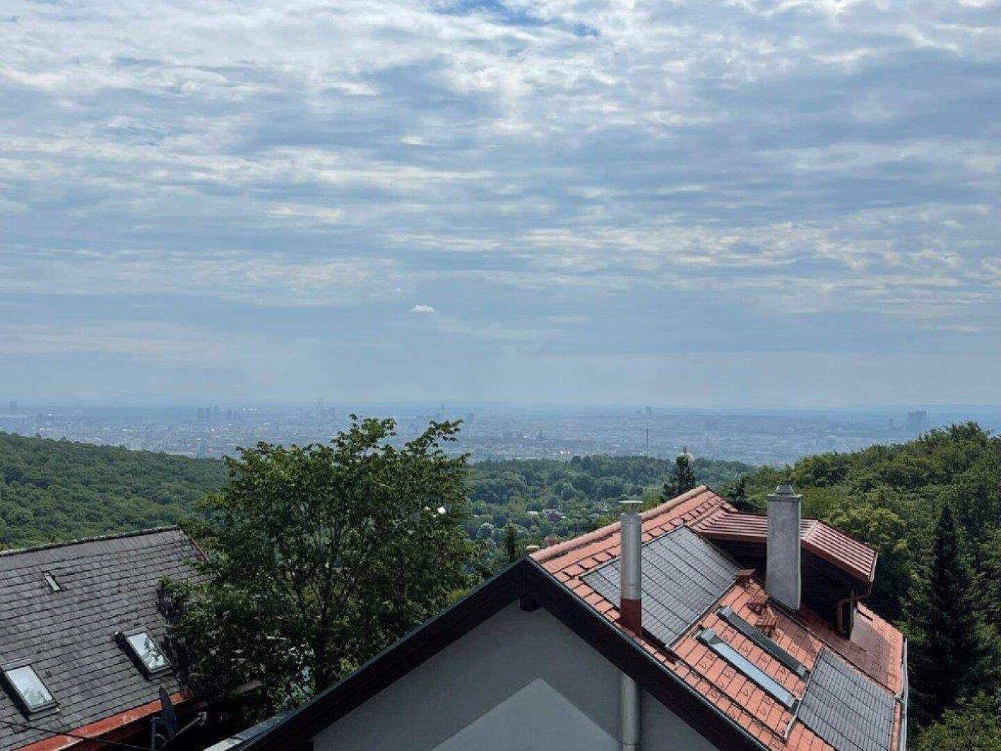 Panoramablick über Dächer und grüne Hügel mit der Stadt in der Ferne.