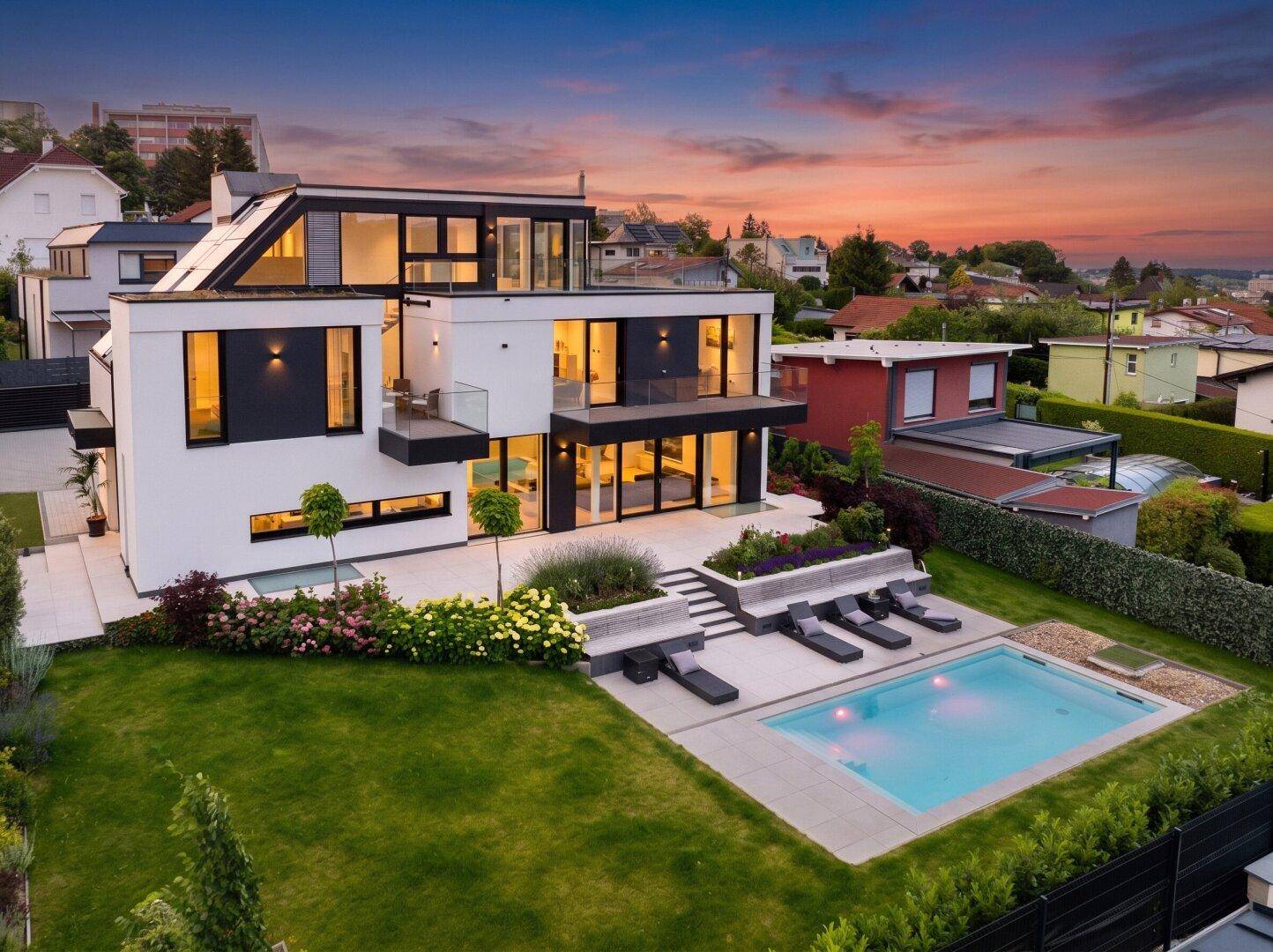 Panoramablick auf die moderne Villa mit Pool und Garten, eingebettet in die umliegende Wohngegend bei Sonnenuntergang.
