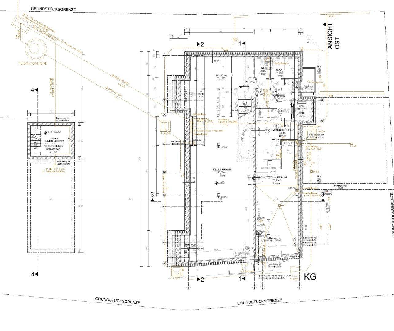 Grundriss des Kellergeschosses mit Kellerräumen, Technikraum und Pooltechnik.