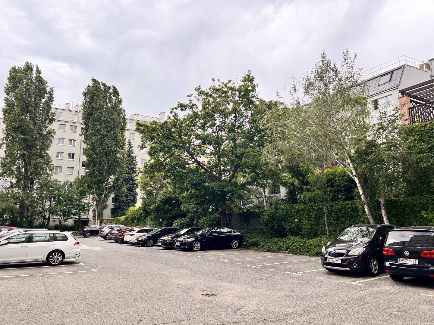 Außenbereich mit Parkplätzen, umgeben von Bäumen und Wohngebäuden unter bewölktem Himmel.