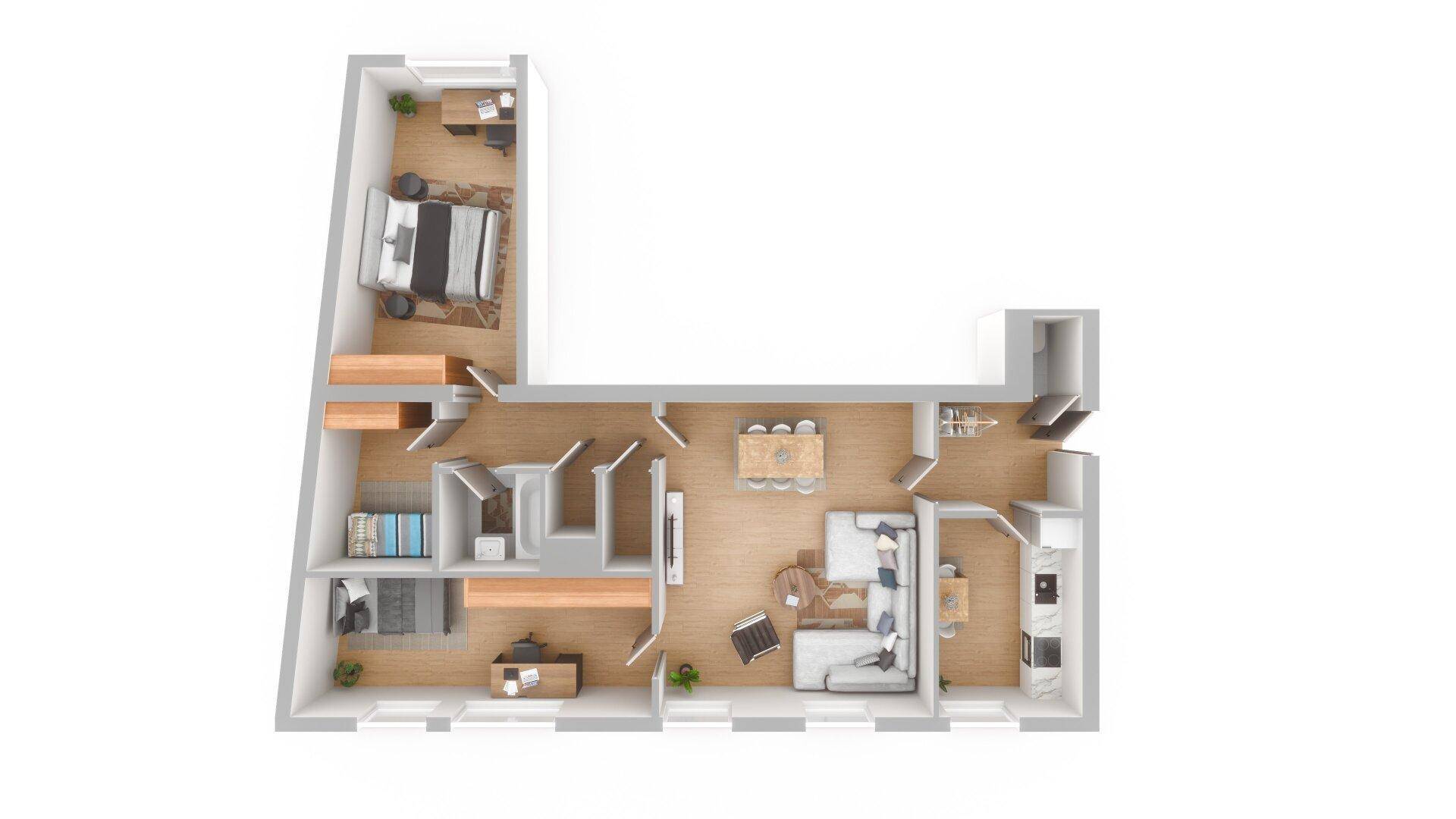 Grundriss einer modernen Wohnung mit offenem Wohn-Essbereich, integrierter Küche und einem Schlafzimmer.