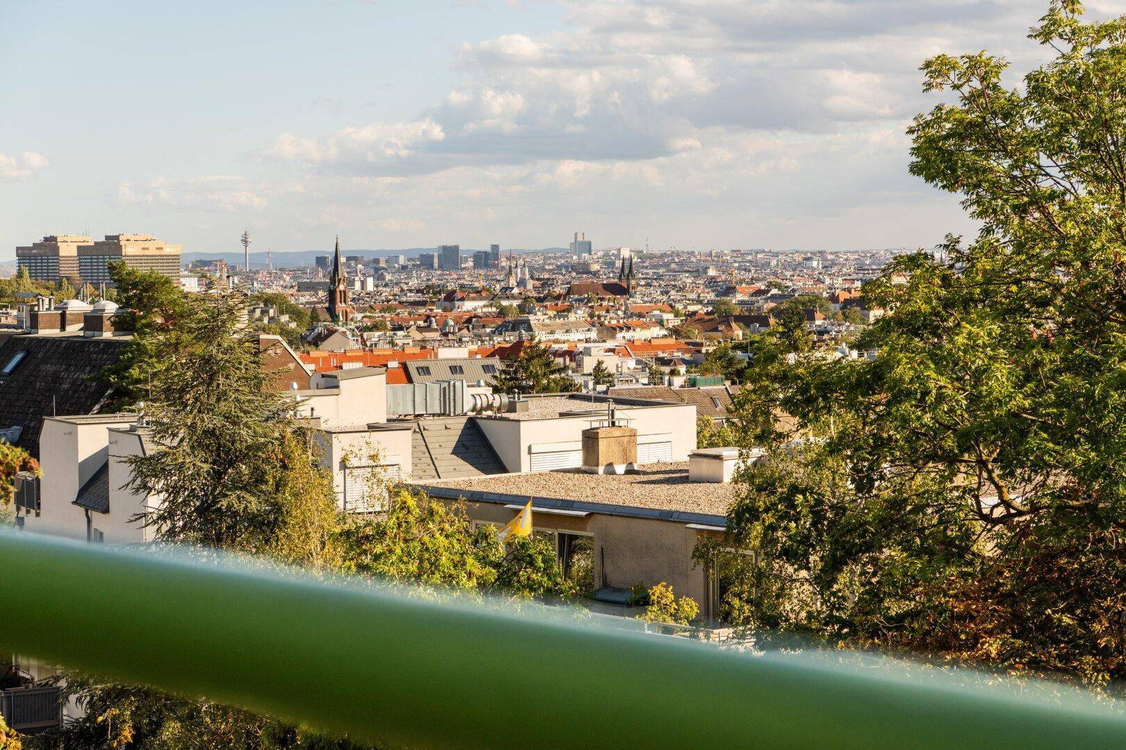Weitläufiger Blick über die Stadt Wien mit vielen Gebäuden und grünen Baumwipfeln im Vordergrund.