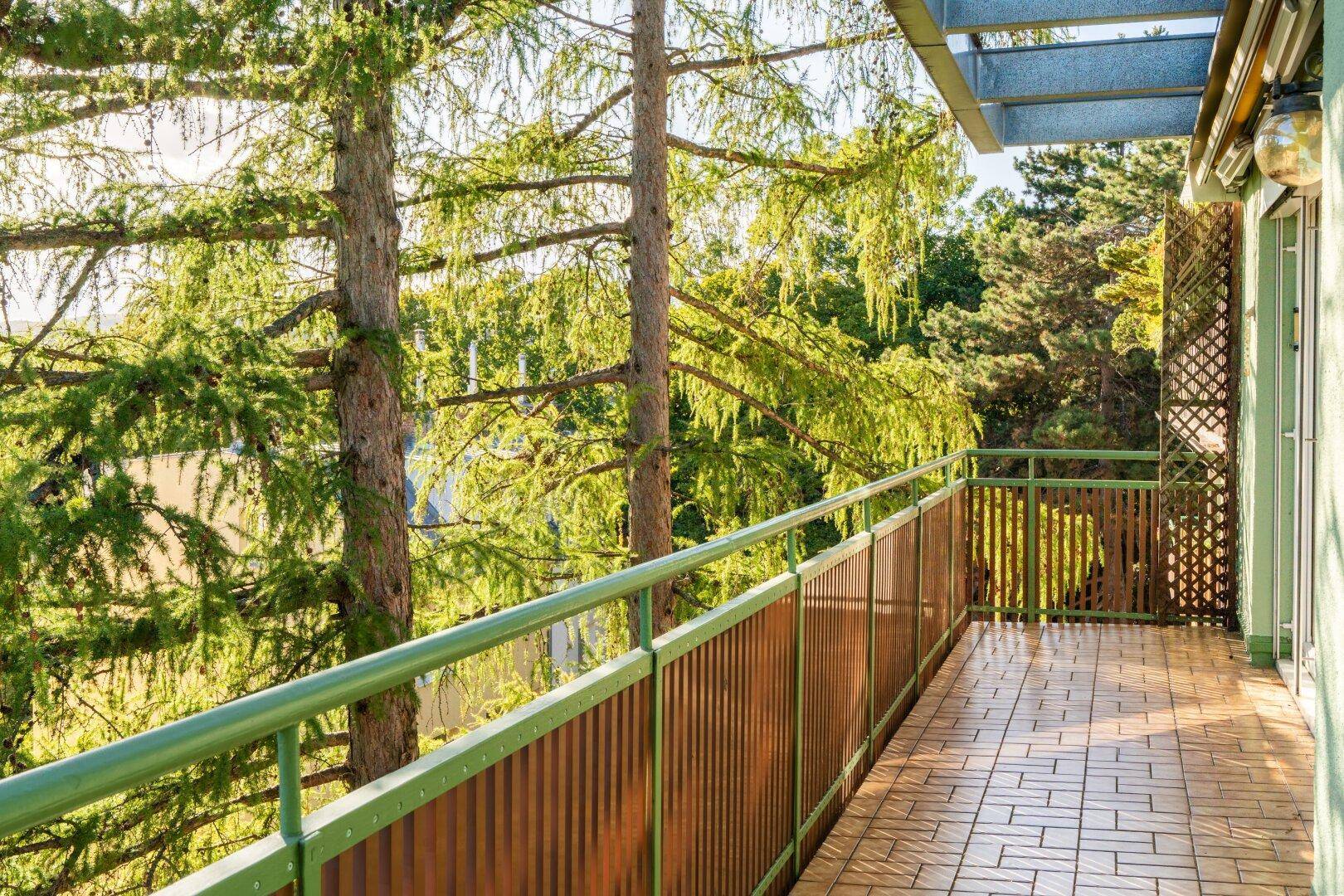 Geräumiger Balkon mit Fliesenboden und Blick ins Grüne, umgeben von hohen Bäumen und viel Licht.