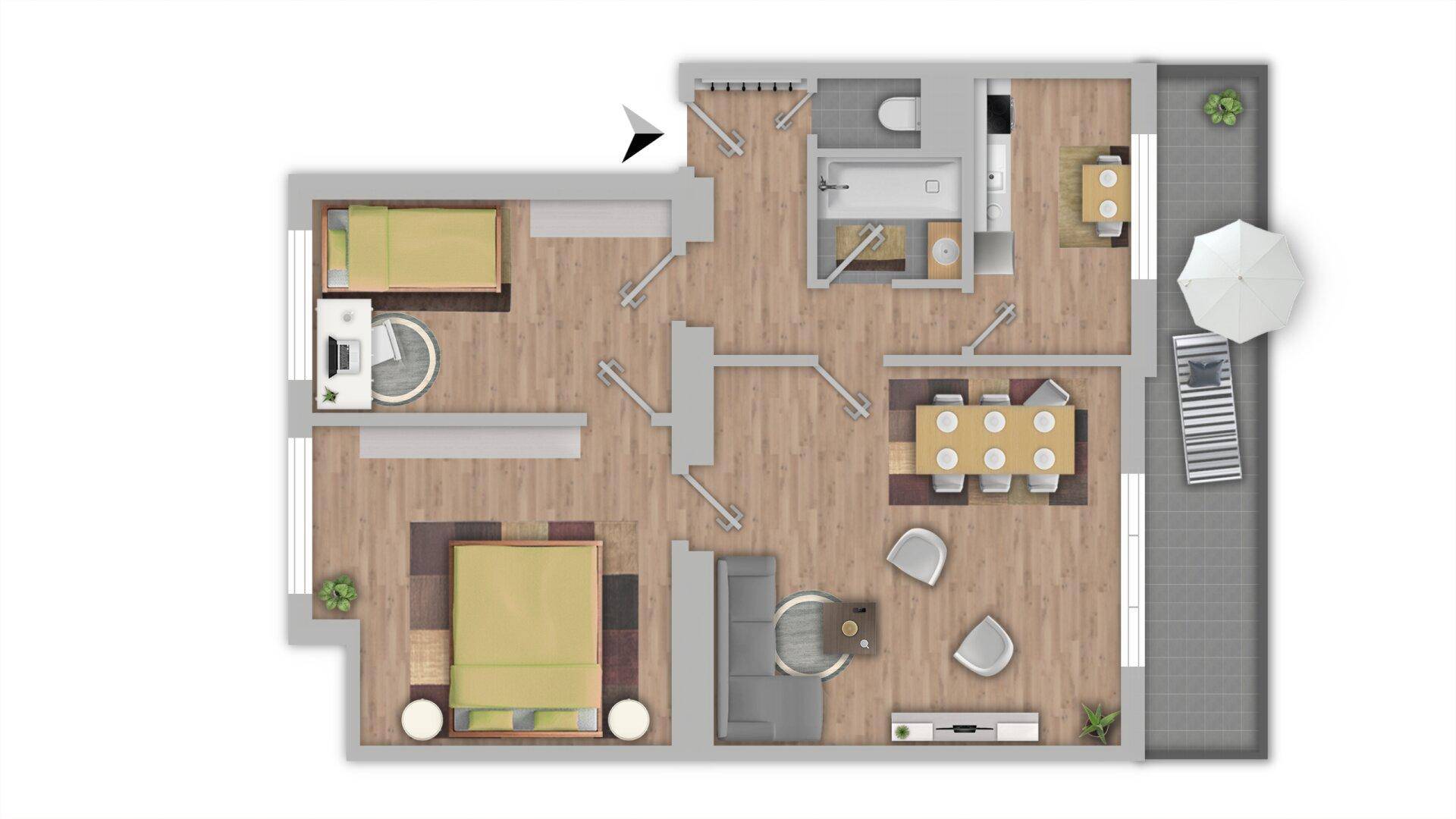 Farbiger Grundriss der Wohnung mit Möblierung und Raumaufteilung, inklusive Balkon und Terrasse.