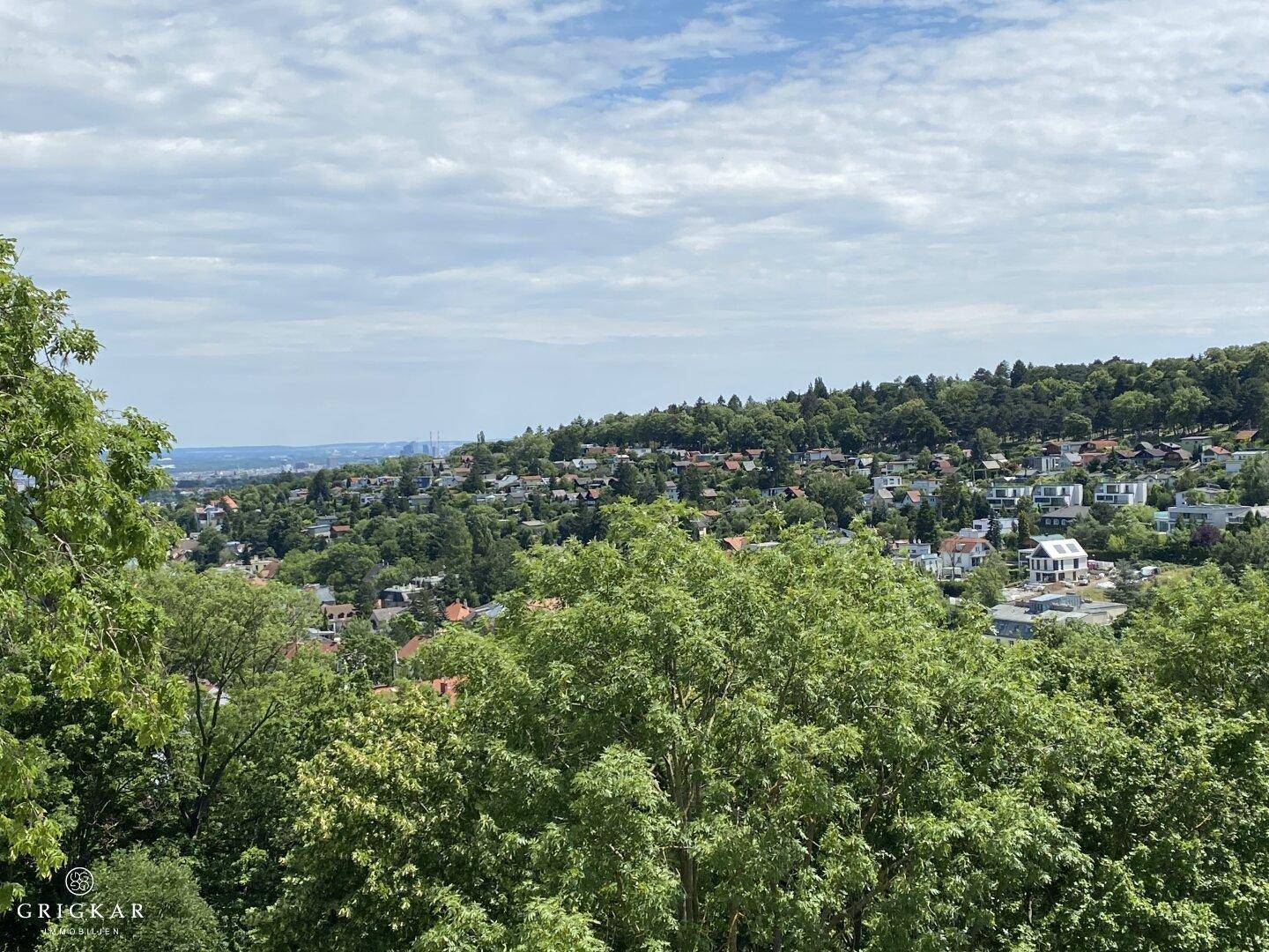 Panoramablick über eine weite grüne Landschaft mit Häusern und einer entfernten Stadt.