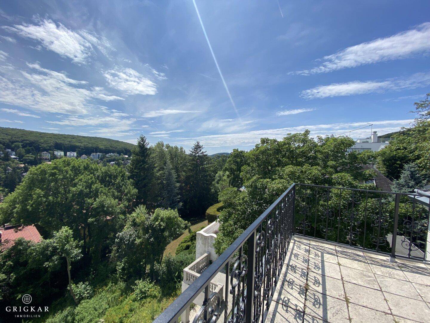 Sonniger Terrassenbereich mit weitem Blick über grüne Hügel und Bäume.