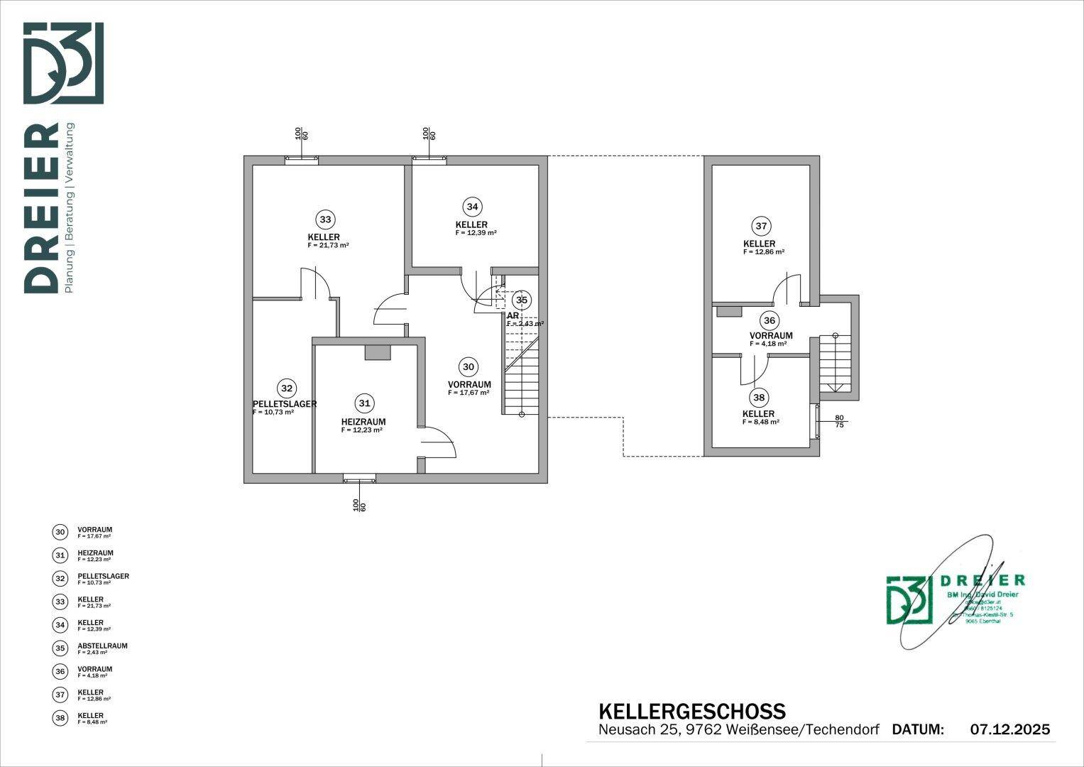 Grundriss des Kellergeschosses mit Kellerräumen, Heizraum und Pelletslager.