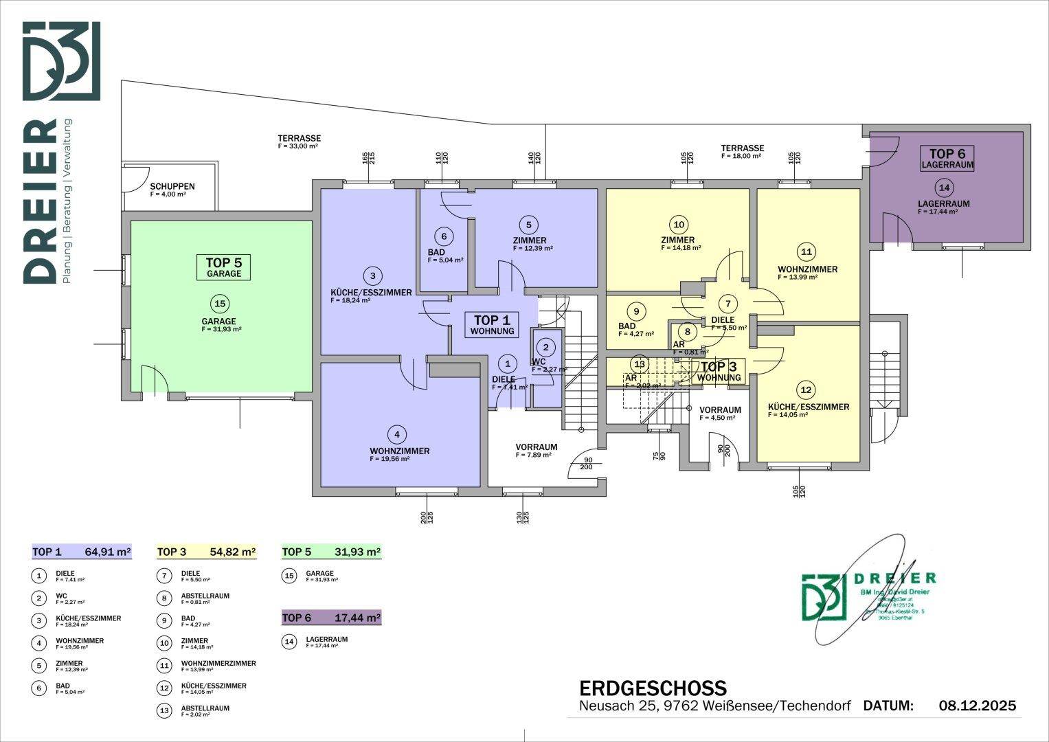 Grundriss des Erdgeschosses mit mehreren Wohnungen, Terrassen und einer Garage.