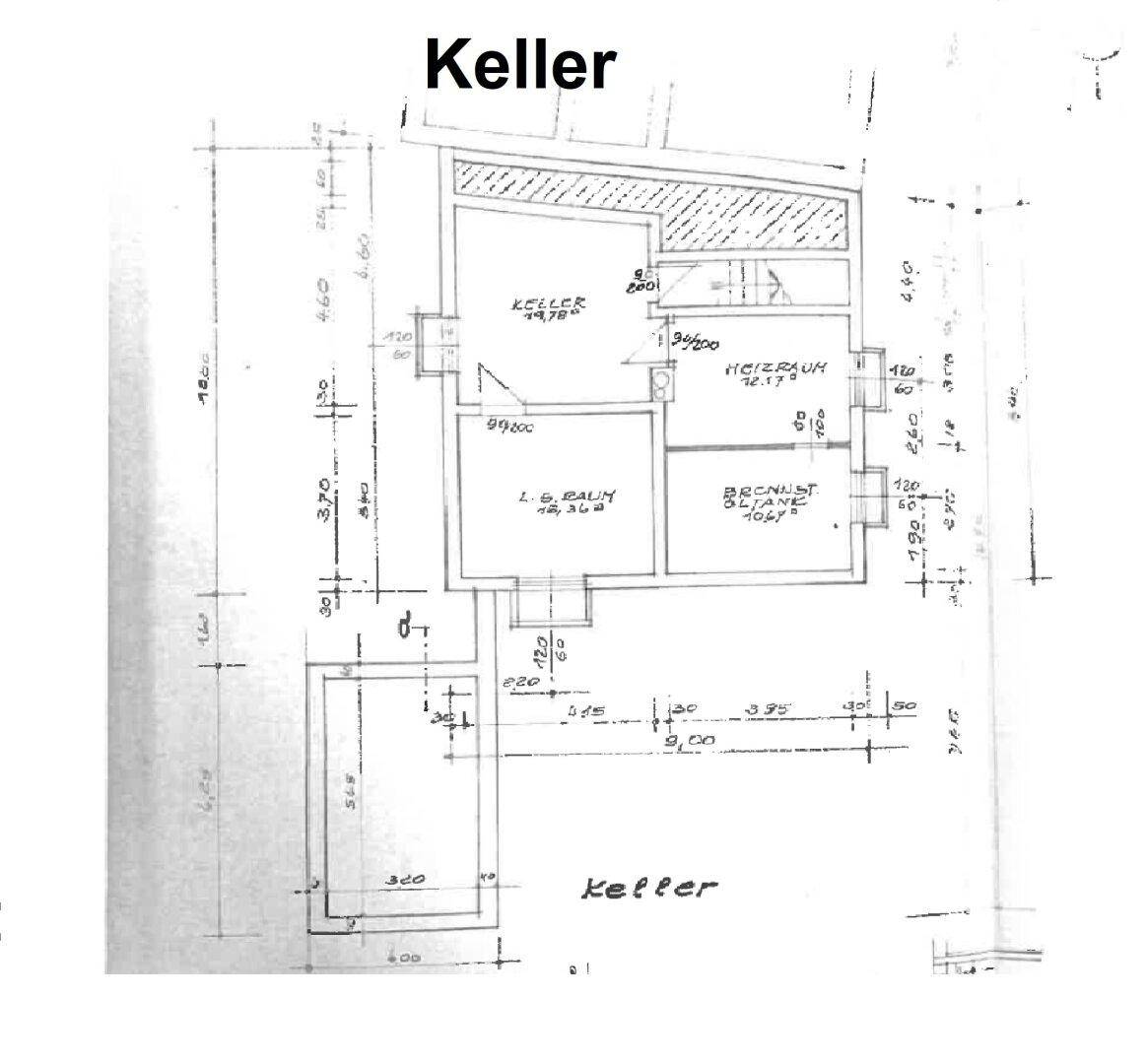 Grundriss des Kellers mit Lagerräumen, Heizraum und weiteren Nutzflächen.