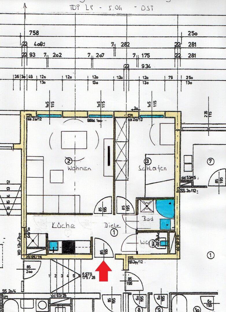 Grundriss einer Wohnung mit Wohnzimmer, Schlafzimmer, Küche, Bad und WC.