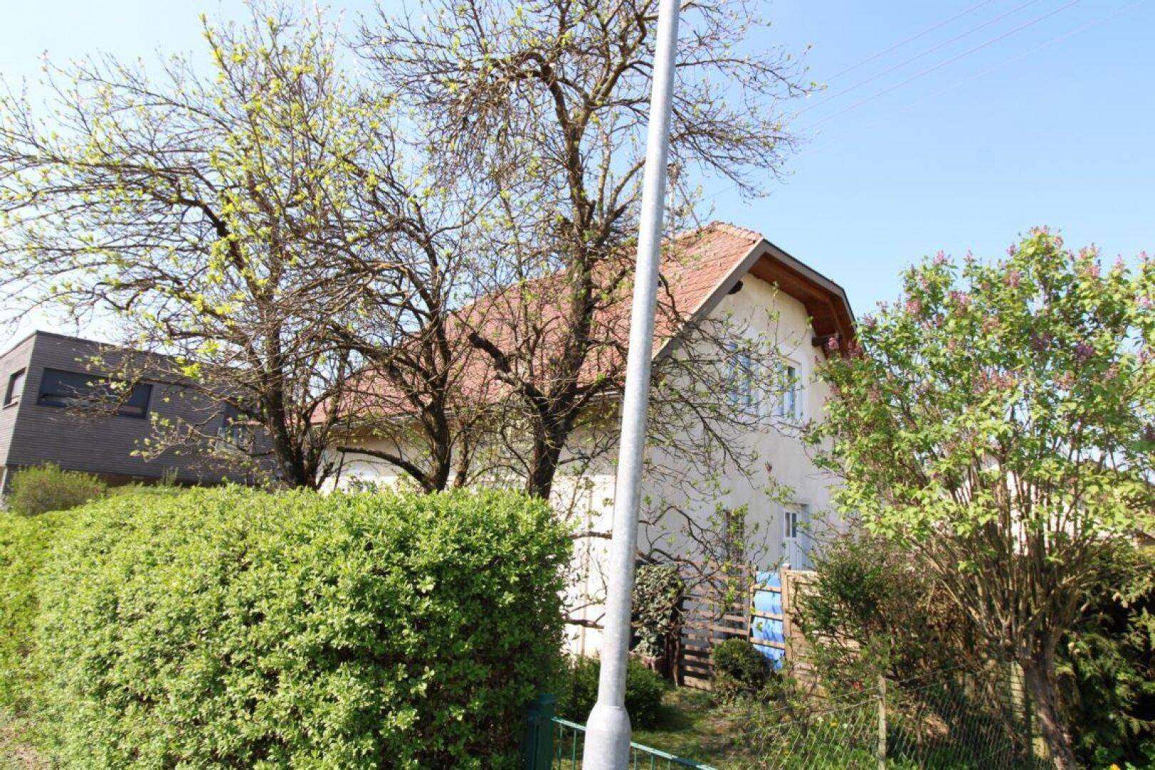 Das Haus ist hinter Bäumen und einer Hecke versteckt, mit einem weiteren Gebäude im Hintergrund.