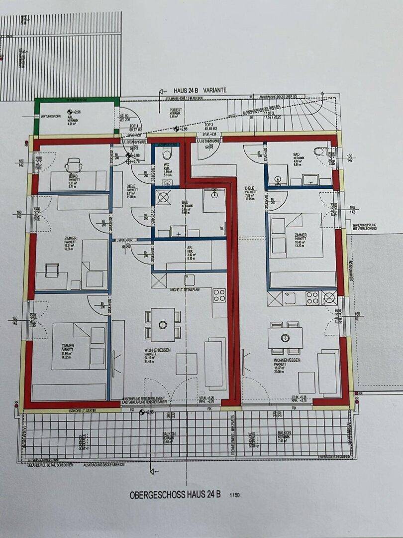 Grundrissplan für zwei Wohneinheiten im Obergeschoss mit jeweils offenem Wohnbereich und Balkon.