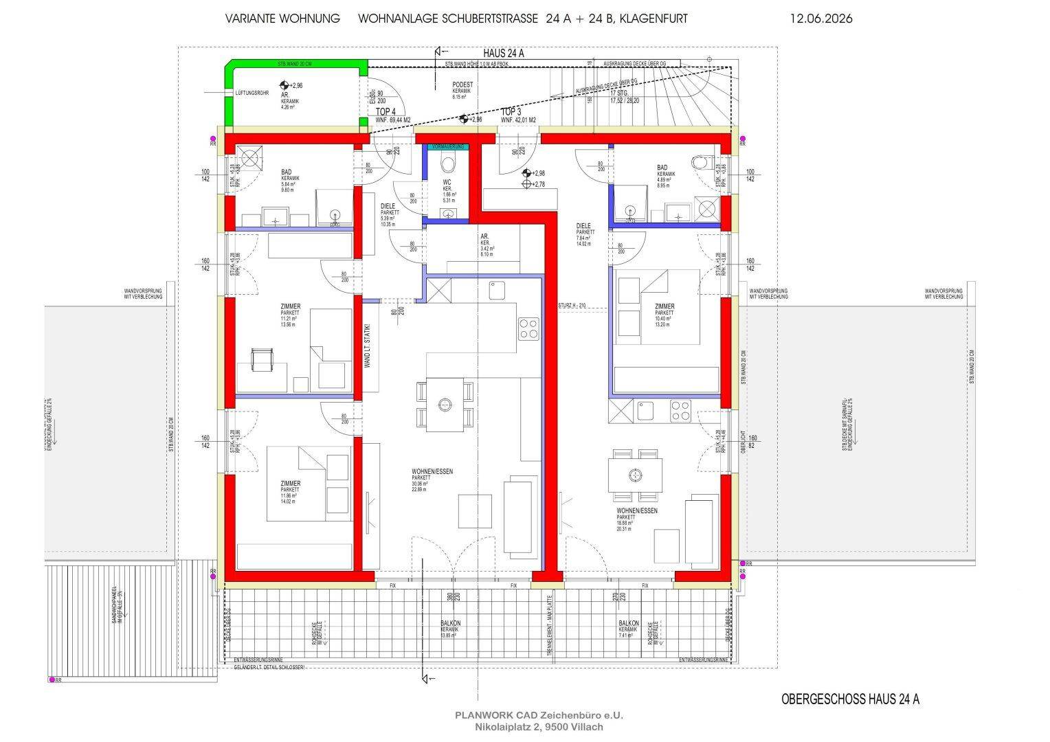 Grundriss für eine Wohnung in Haus 24 A mit offenem Wohnbereich und Balkon.