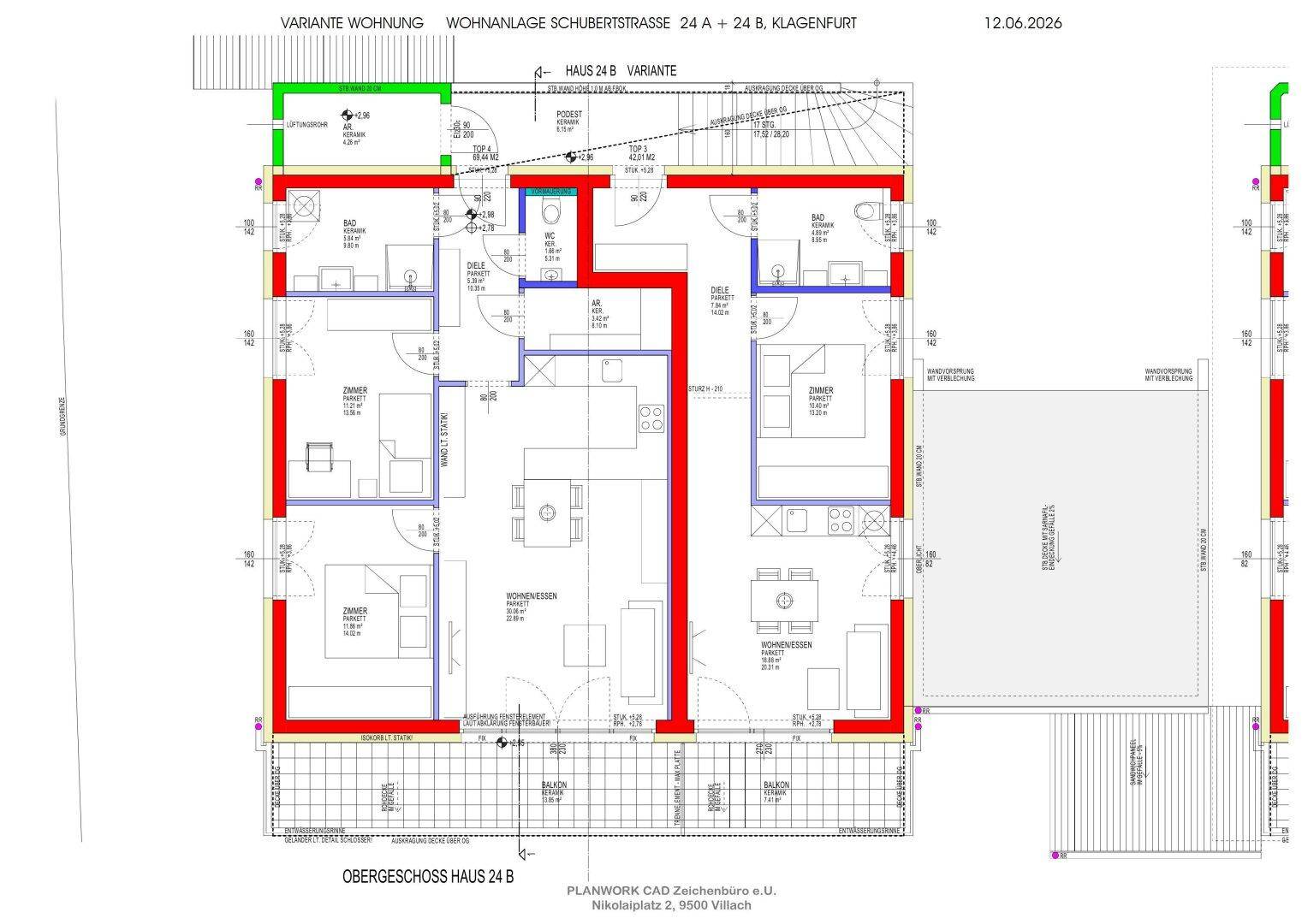 Grundriss einer Wohnung mit zwei Schlafzimmern, offenem Wohnbereich, Bad und separatem WC.