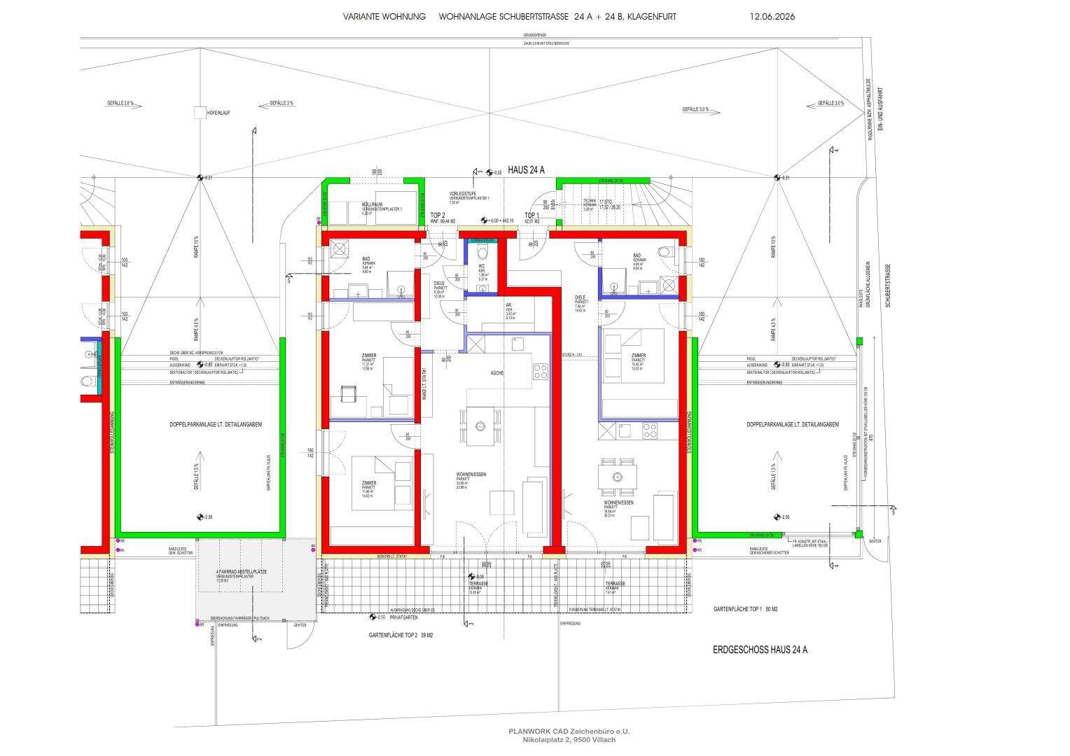 Grundriss des Erdgeschosses von Haus 24 A mit offenem Wohnbereich, zwei Schlafzimmern und Gartenzugang.