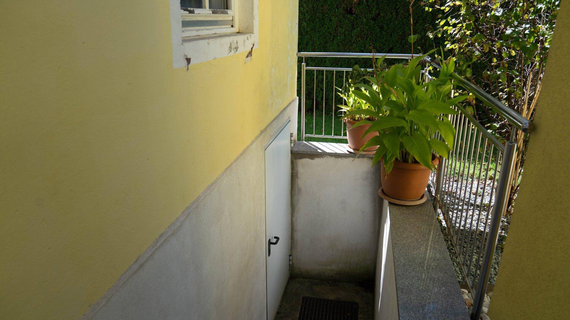 Eingang zum Kellerbereich mit Treppe, Geländer und Topfpflanzen.