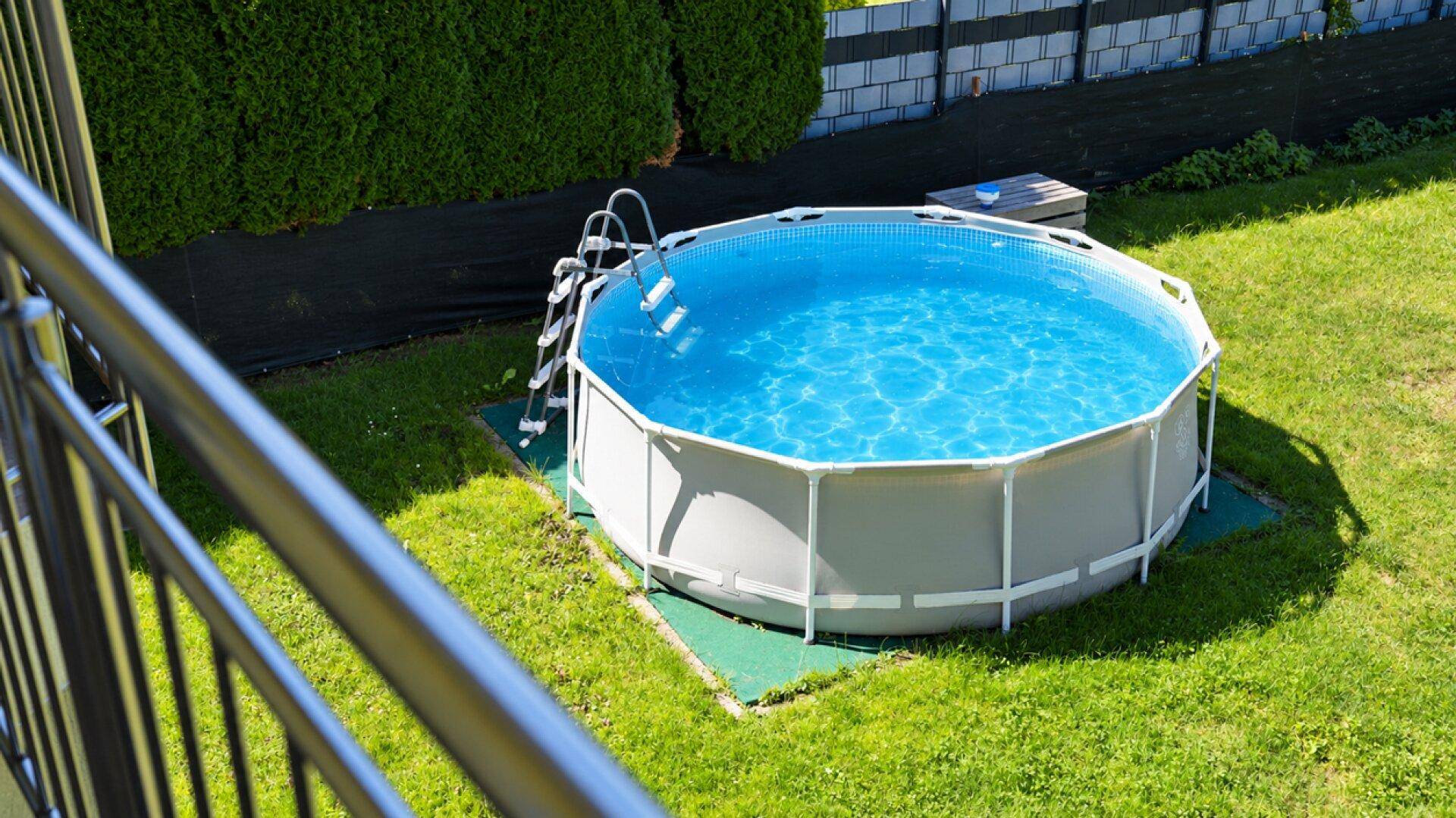 Aufstellpool im Garten mit Leiter, umgeben von Rasen und Hecken.