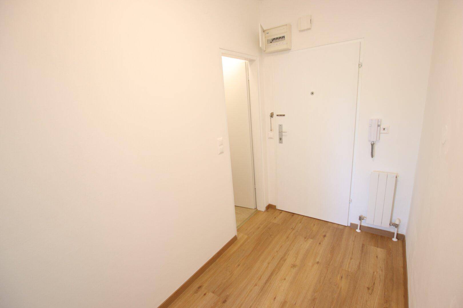 Eingangsbereich mit heller Holzbodenoptik, Gegensprechanlage und weißer Eingangstür.