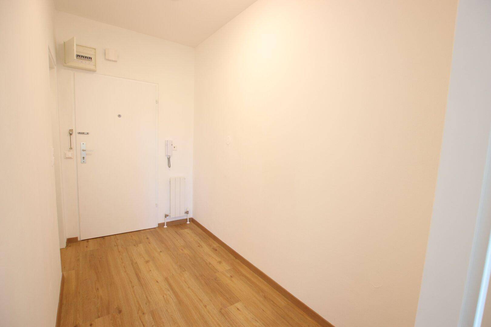 Schlichter Flur mit Laminatboden und weiß gestrichenen Wänden, führt zum Eingang.