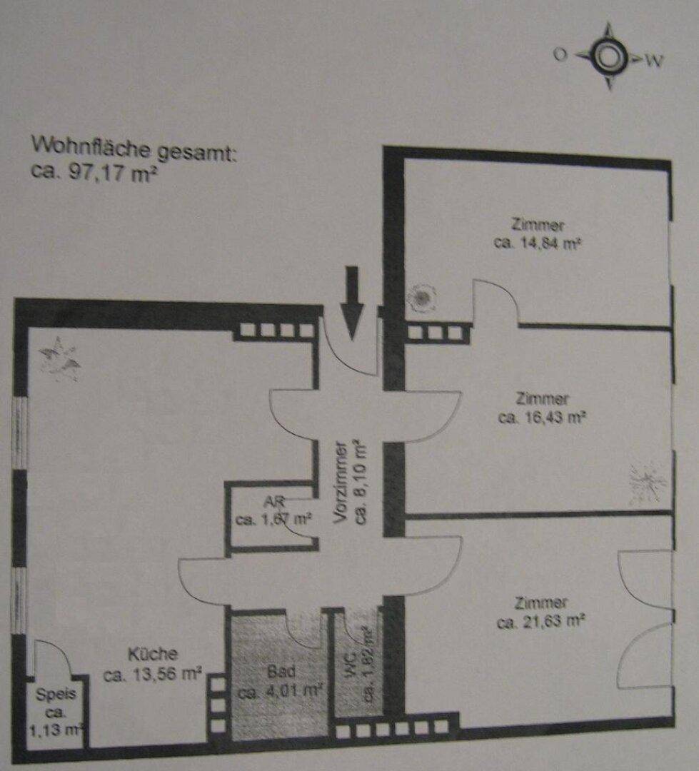 Grundriss der Wohnung mit einer Wohnfläche von ca. 97,17 m² und mehreren Zimmern.