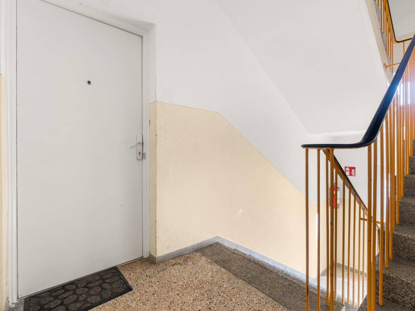 Eingangsbereich einer Wohnung im Treppenhaus mit Terrazzoboden und Geländer.
