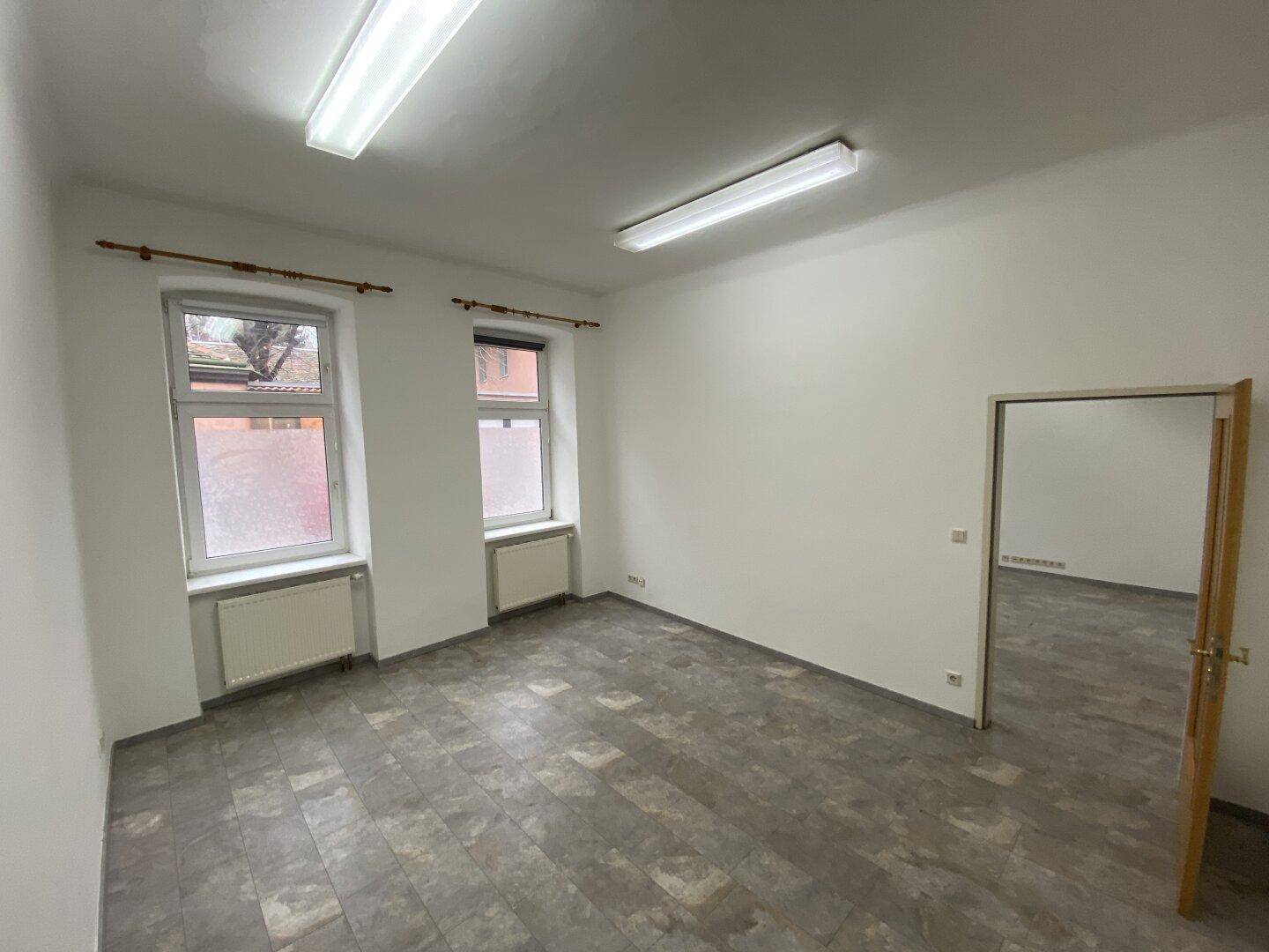 Heller Büroraum mit zwei Fenstern, weißen Wänden und einer Holztür.