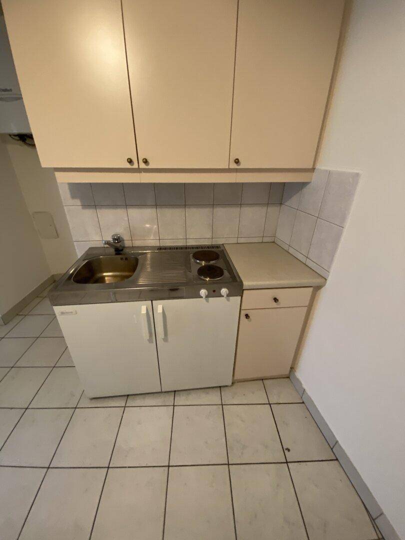 Nahaufnahme der Küchenzeile mit Spüle, zwei Kochplatten und weißen Unterschränken.