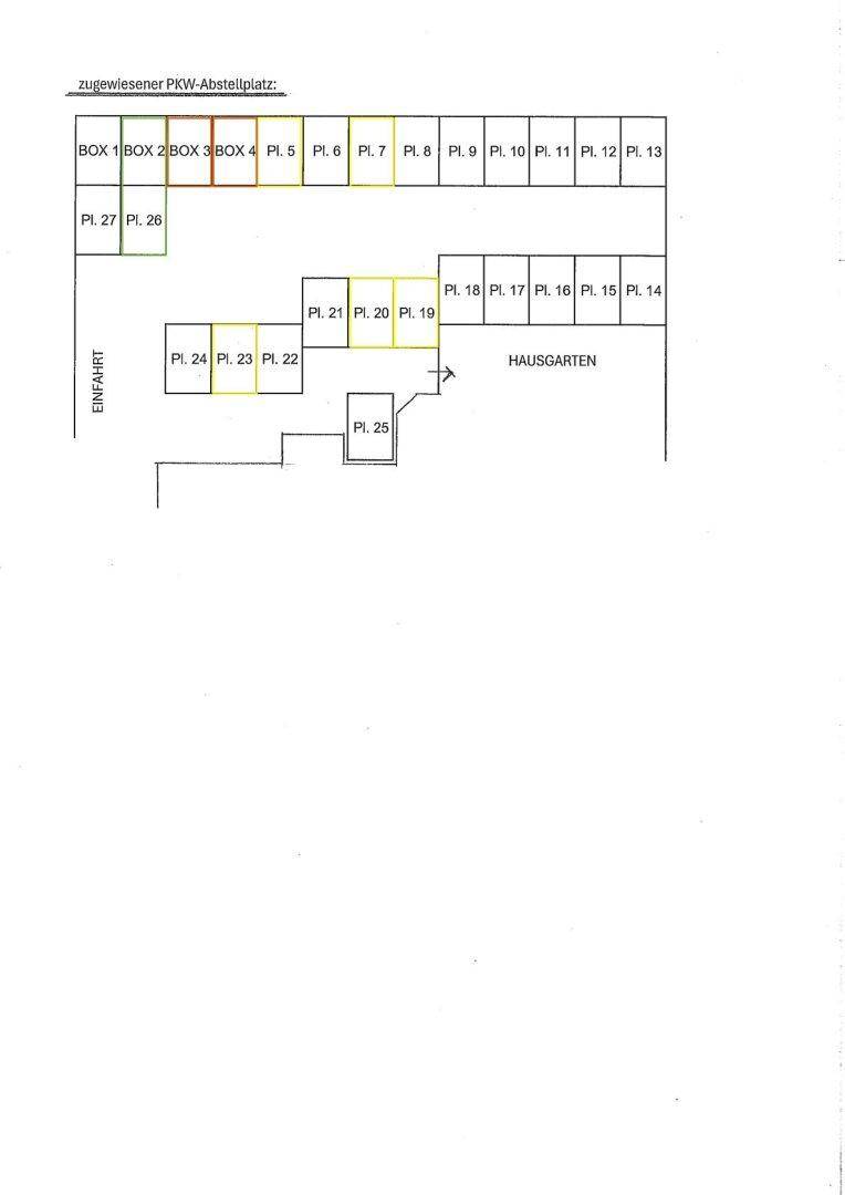 Übersichtsplan der zugewiesenen PKW-Stellplätze und der Zufahrt zum Hausgarten.