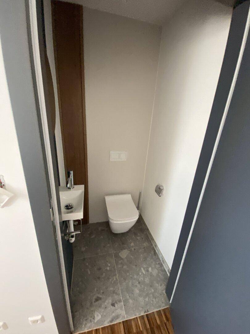 Modernes Gäste-WC mit Wand-WC, kleinem Waschbecken und minimalistischem Design.