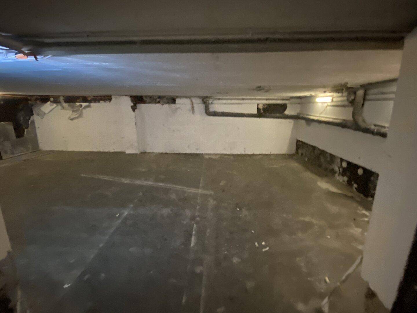Großer Kellerraum mit Betonboden und sichtbaren Rohren, geeignet für Lagerzwecke oder als Werkstatt.