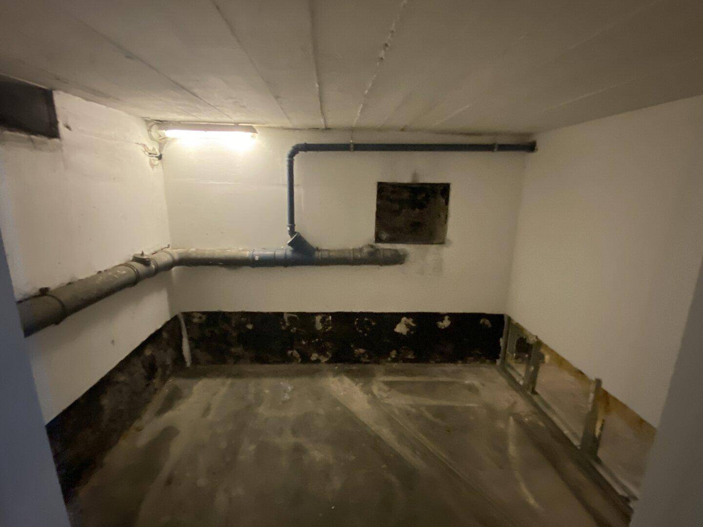 Kellerraum mit Betonboden und sichtbaren Rohren an der Wand, ideal als Abstellraum oder Lager.