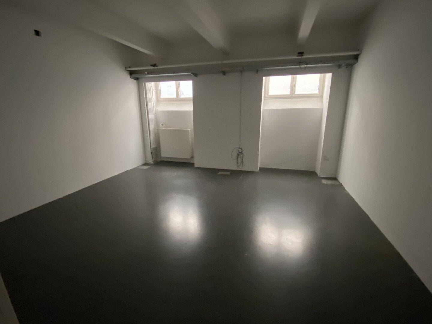 Heller Raum mit dunklem Boden und zwei Fenstern, bietet ausreichend Platz für verschiedene Nutzungsmöglichkeiten.