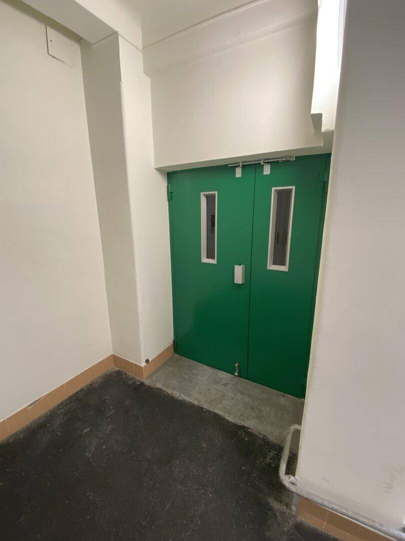 Grüne Doppeltür mit kleinen Fenstern, wahrscheinlich ein Notausgang oder Nebeneingang des Gebäudes.