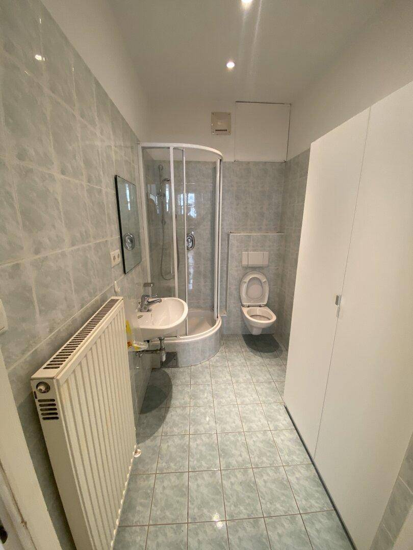 Badezimmer mit Duschkabine, WC und hellblauen Fliesen, ausgestattet mit einem Heizkörper.
