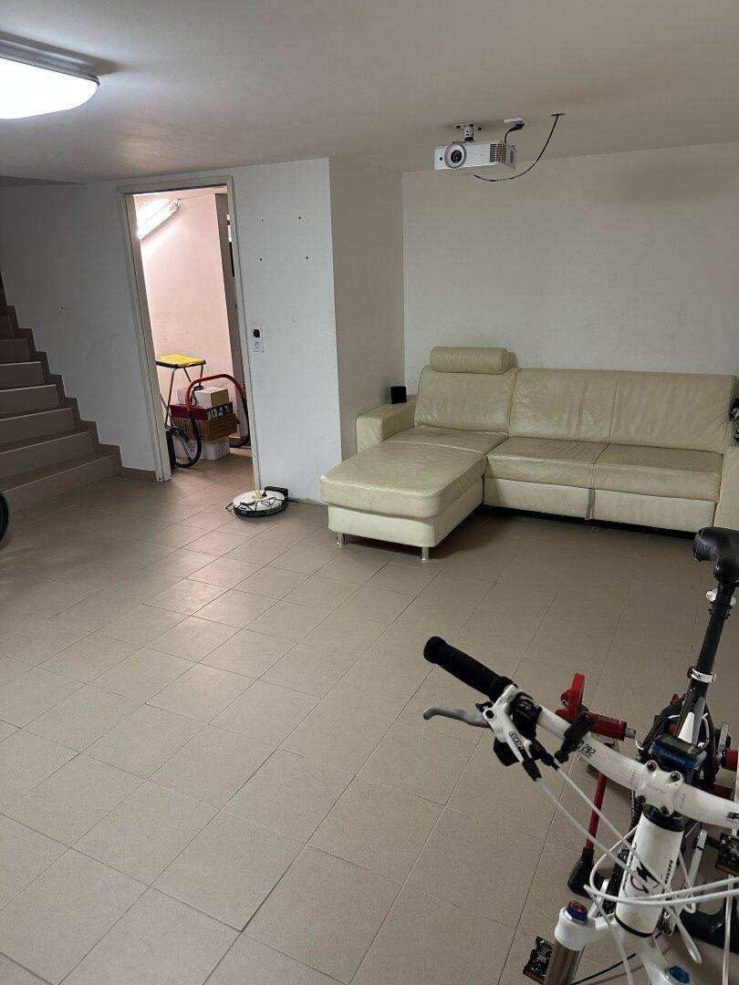Ausgebauter Kellerraum mit Sofa und Projektor, ideal als Hobbyraum oder zusätzlicher Wohnbereich.