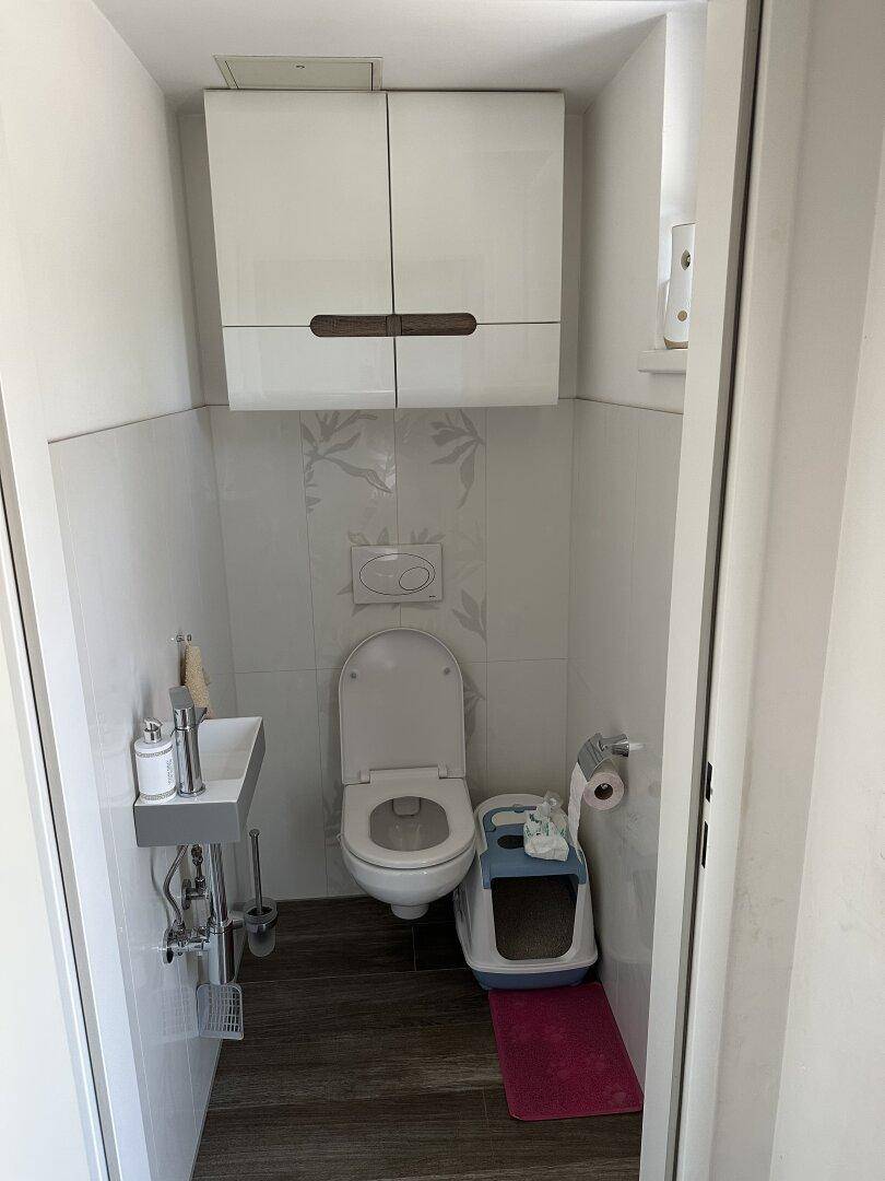 Kleines Gäste-WC mit Waschbecken und wandhängendem WC, funktional und platzsparend gestaltet.
