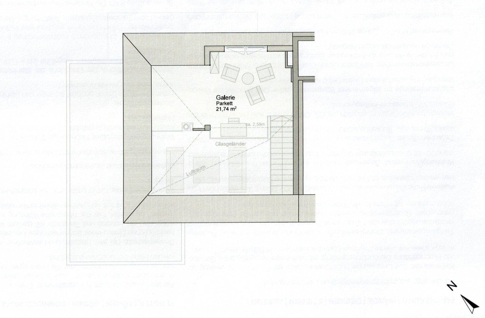 Grundriss der Galerieebene mit offenem Bereich und Treppenzugang.